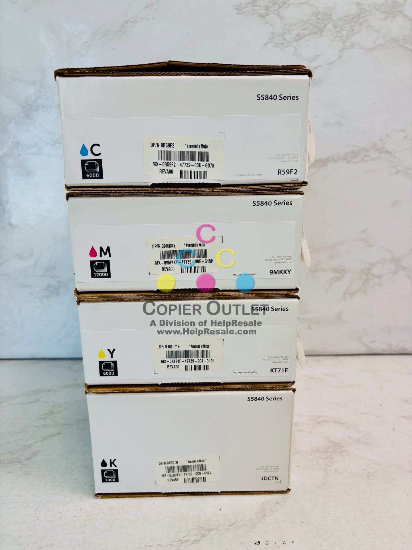 4 Genuine Dell S5840 Cyan, Mag., Yellow, & Blk Toner R59F2, 9MKKY, KT71F, JDC7N
