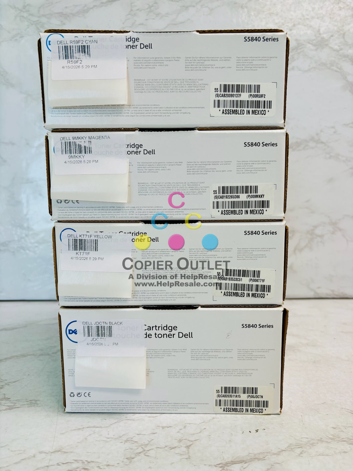 4 Genuine Dell S5840 Cyan, Mag., Yellow, & Blk Toner R59F2, 9MKKY, KT71F, JDC7N