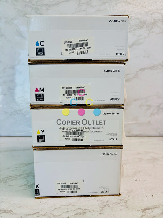 4 Genuine Dell S5840 Cyan, Mag., Yellow, & Blk Toner W3GR6, R59F2, 9MKKY, KT71F