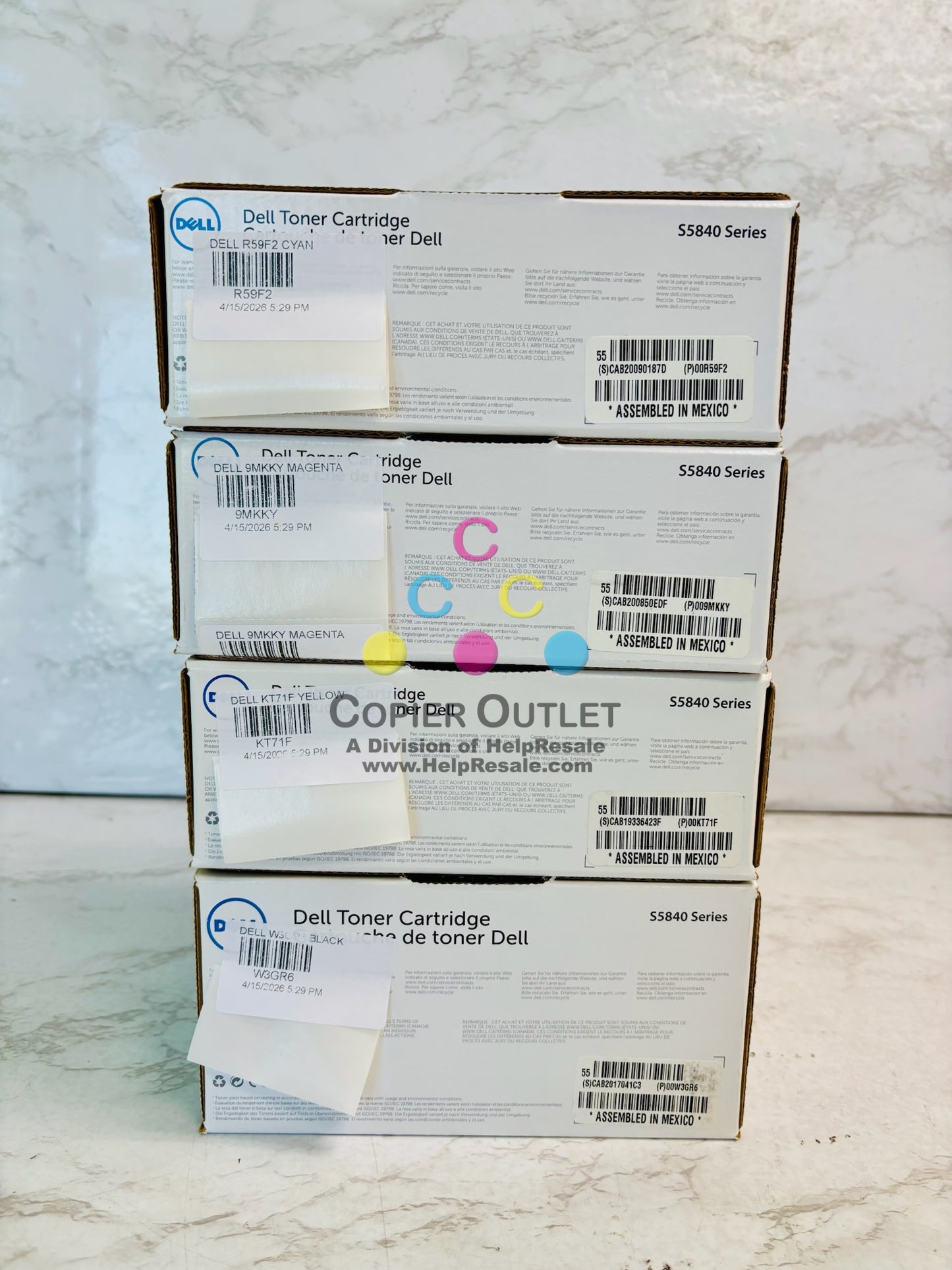 4 Genuine Dell S5840 Cyan, Mag., Yellow, & Blk Toner W3GR6, R59F2, 9MKKY, KT71F