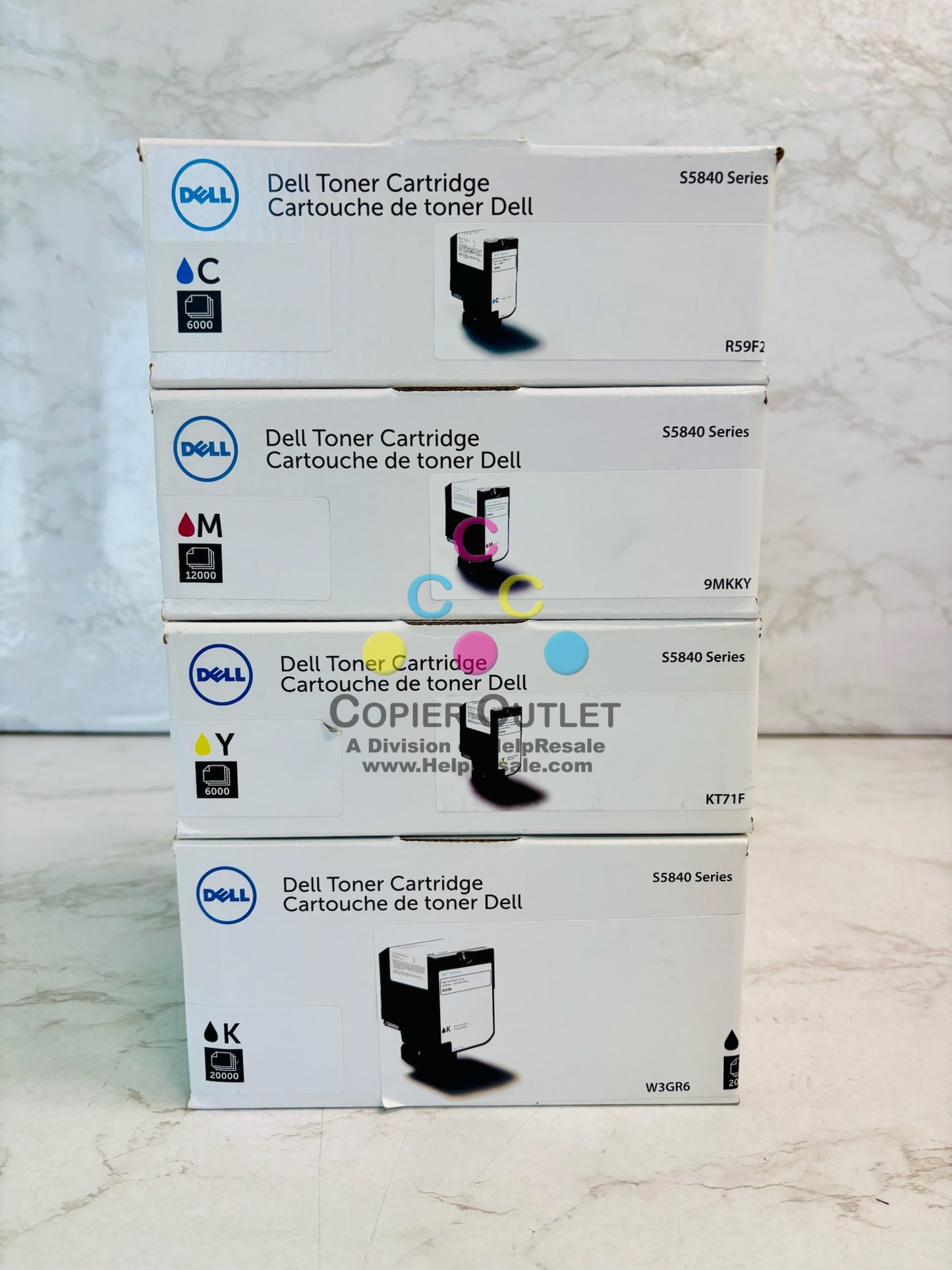 4 Genuine Dell S5840 Cyan, Mag., Yellow, & Blk Toner W3GR6, R59F2, 9MKKY, KT71F