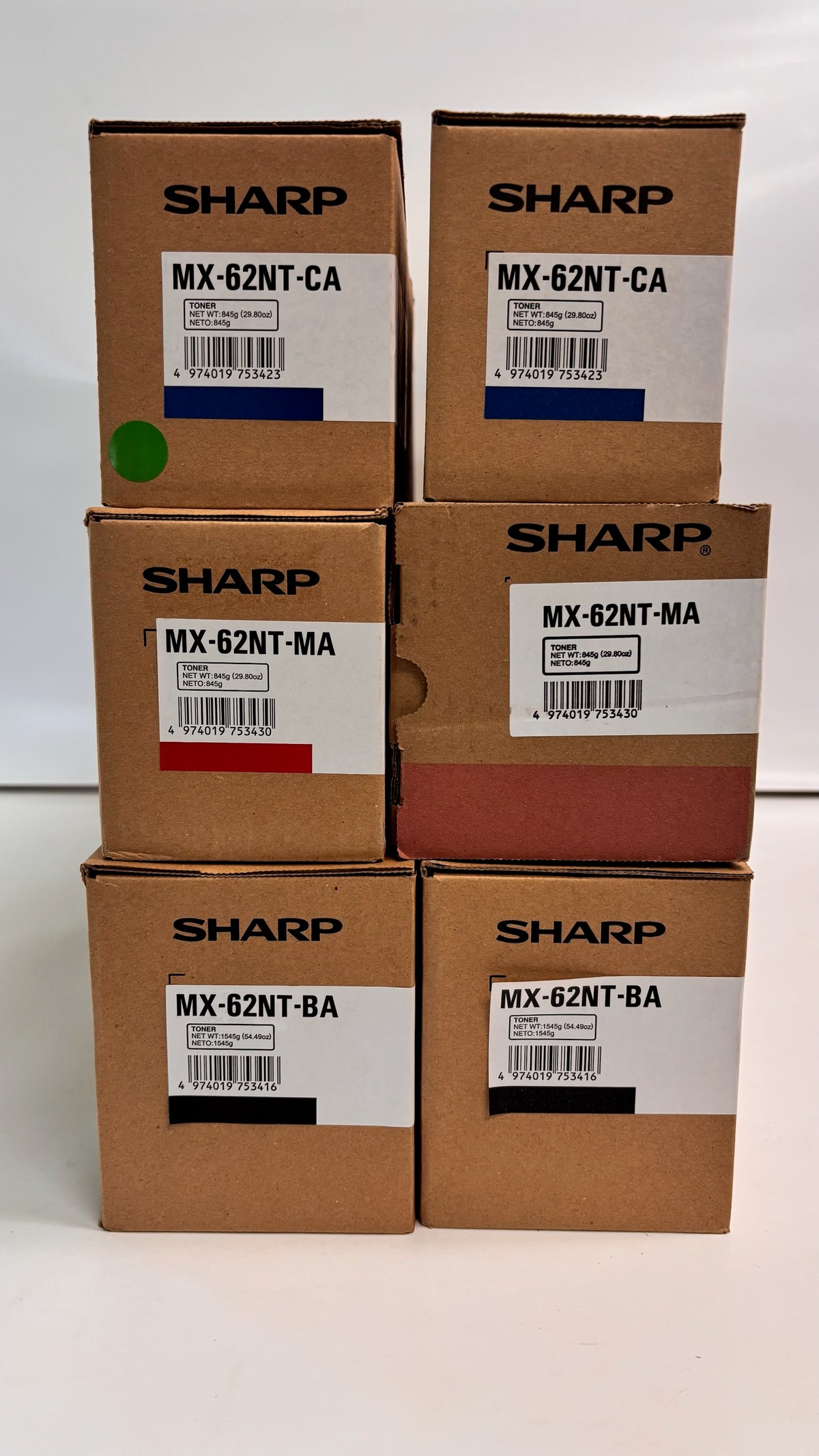 6 Genuine Sharp MX6240N,MX6500N,MX6580N Cyan Magenta & Black Toner MX-62NTCCMMKK