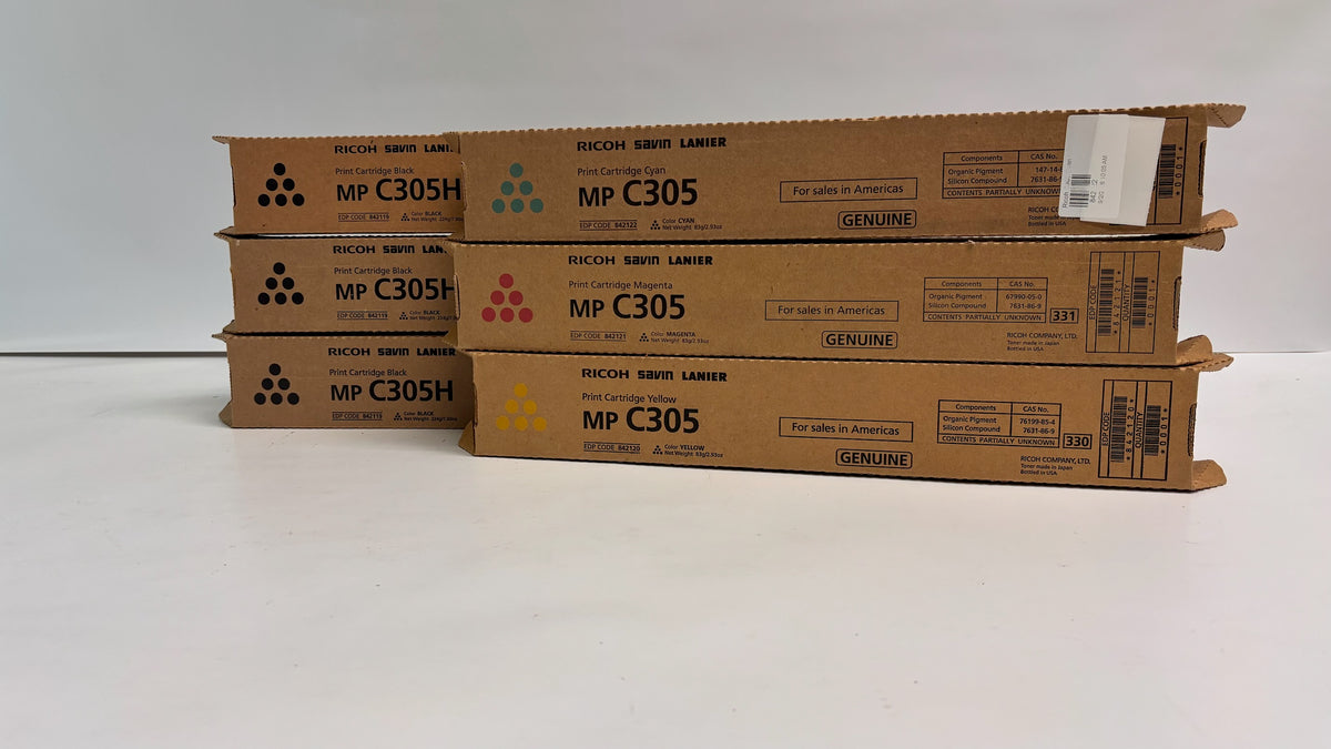 6 Genuine Ricoh MP C305, C305H CMYKKK Toners 842119, 842120, 842121, 842122
