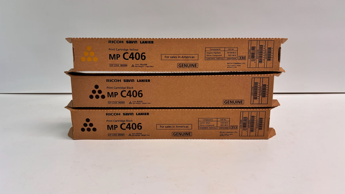 3 Genuine Ricoh MPC306, MPC307 Yellow & Black Toners 842091, 842094
