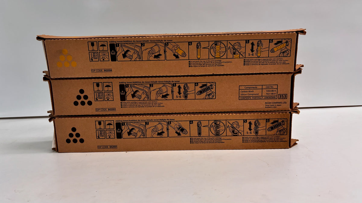 3 Genuine Ricoh MPC306, MPC307 Yellow & Black Toners 842091, 842094