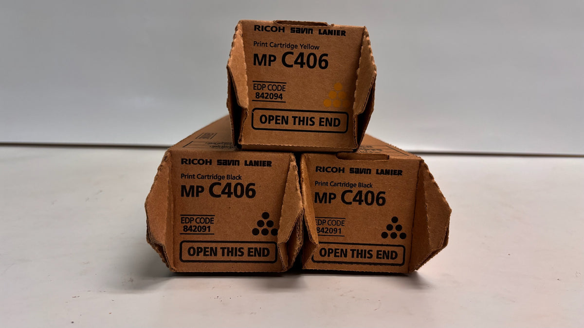 3 Genuine Ricoh MPC306, MPC307 Yellow & Black Toners 842091, 842094