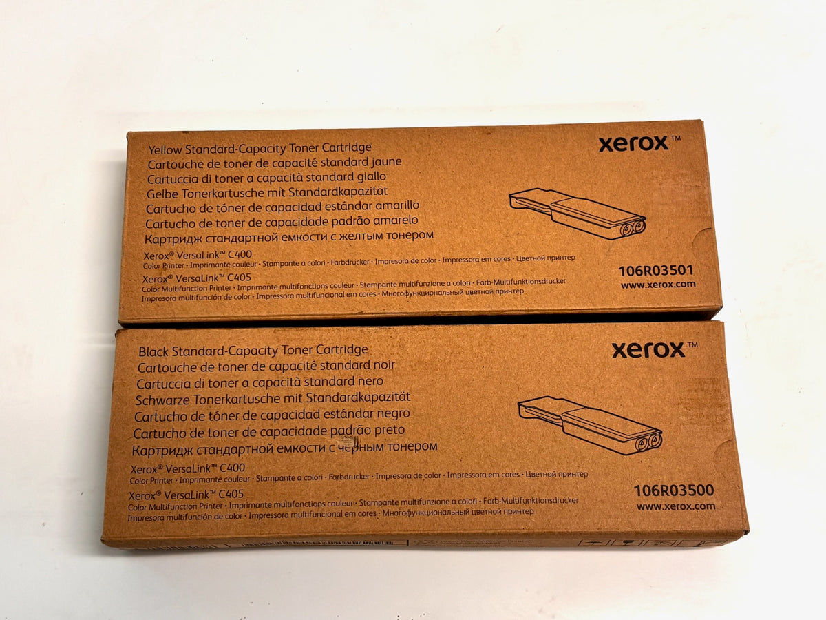 2 Genuine Xerox C400, C405 Yellow & Black Standard Yield Toners 106R03500, 106R03501