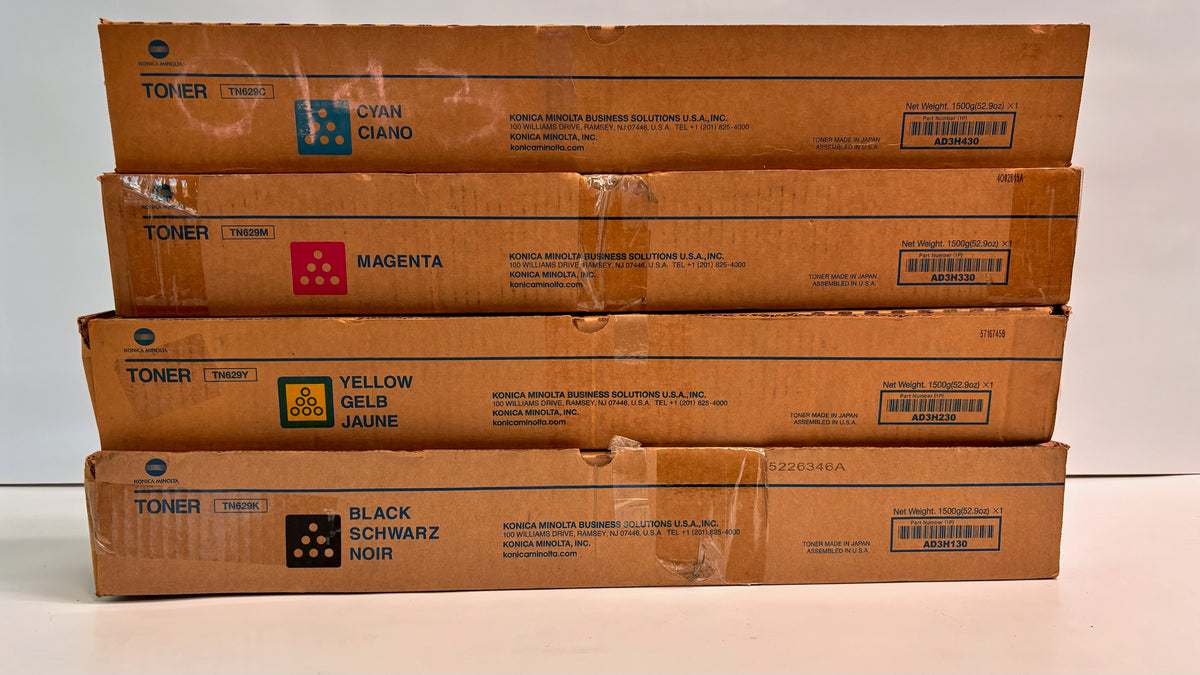 4 Genuine Konica C7090,C7100 Cyan, Mag, Yellow & Black Toners TN629CMYK, Bad Box