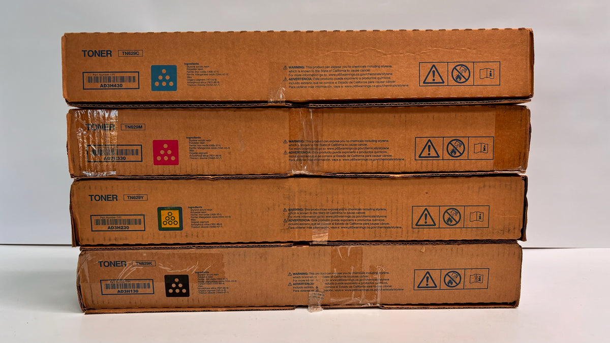 4 Genuine Konica C7090,C7100 Cyan, Mag, Yellow & Black Toners TN629CMYK, Bad Box