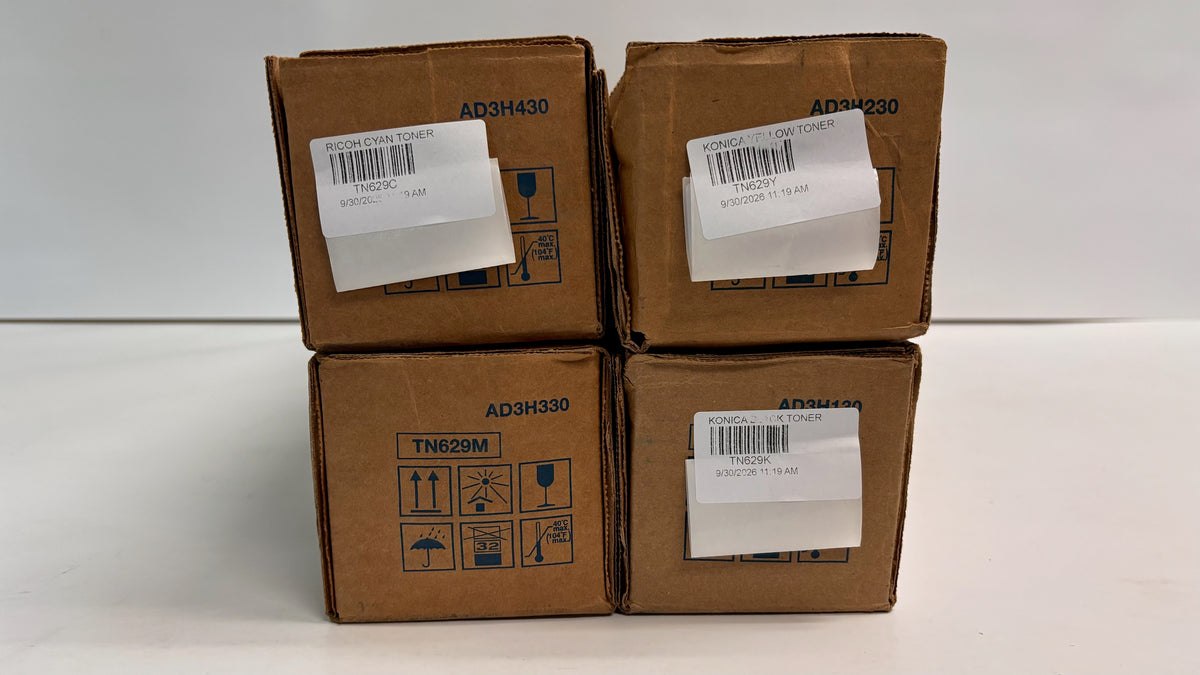 4 Genuine Konica C7090,C7100 Cyan, Mag, Yellow & Black Toners TN629CMYK, Bad Box