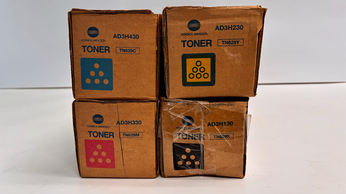 4 Genuine Konica C7090,C7100 Cyan, Mag, Yellow & Black Toners TN629CMYK, Bad Box