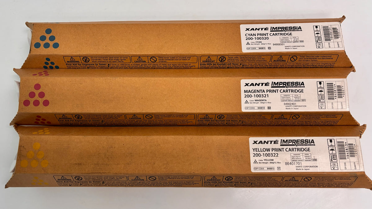 3 Genuine Xante Impressia Cyan, Magenta & Yellow Toners 200-100320,100321,100322