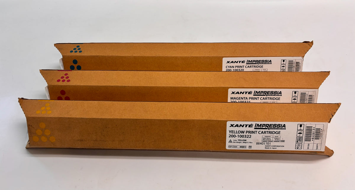 3 Genuine Xante Impressia Cyan, Magenta & Yellow Toners 200-100320,100321,100322