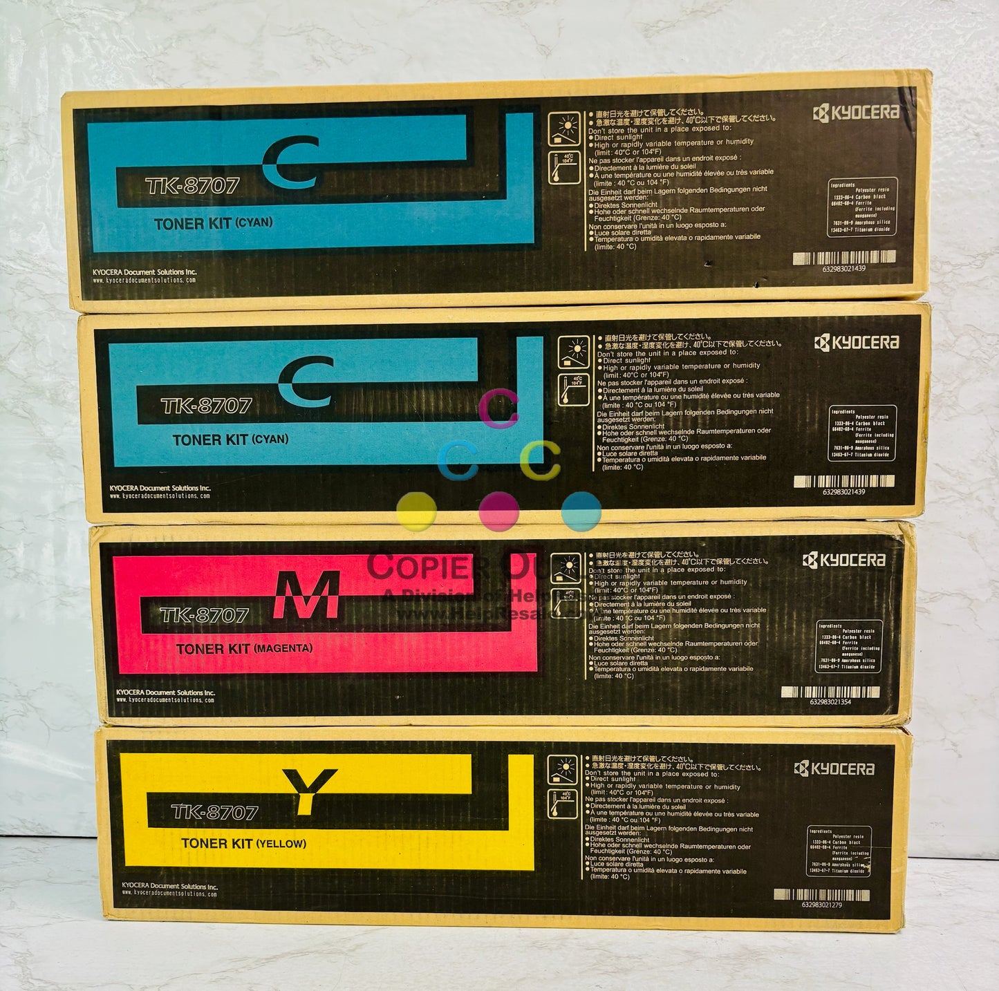 4 Genuine Cosmetic Kyocera TASKalfa 6550ci,655ci Cyan,Mag., & Yellow Toner TK-8707