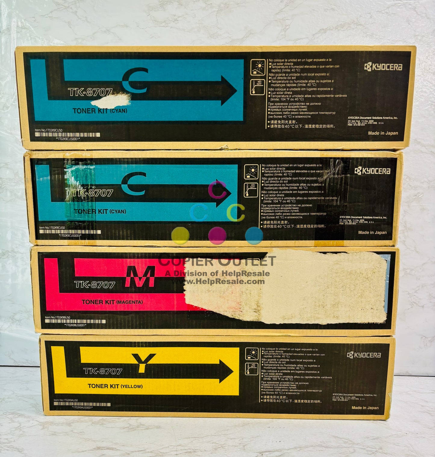 4 Genuine Cosmetic Kyocera TASKalfa 6550ci,655ci Cyan,Mag., & Yellow Toner TK-8707
