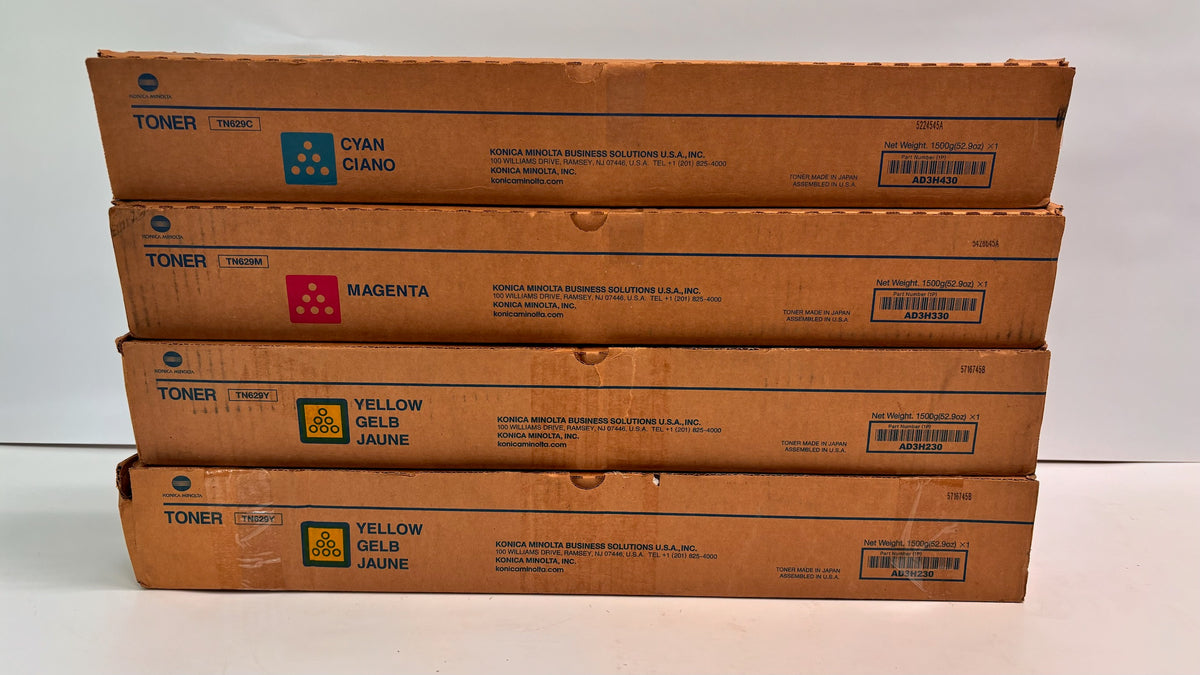4 Genuine Konica C7090, C7100 Cyan, Magenta & Yellow Toners TN629CMYY, Bad Boxes