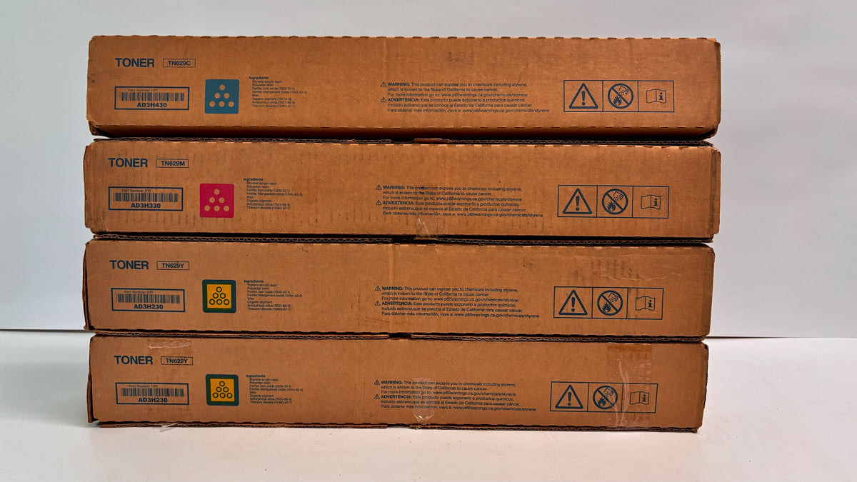 4 Genuine Konica C7090, C7100 Cyan, Magenta & Yellow Toners TN629CMYY, Bad Boxes