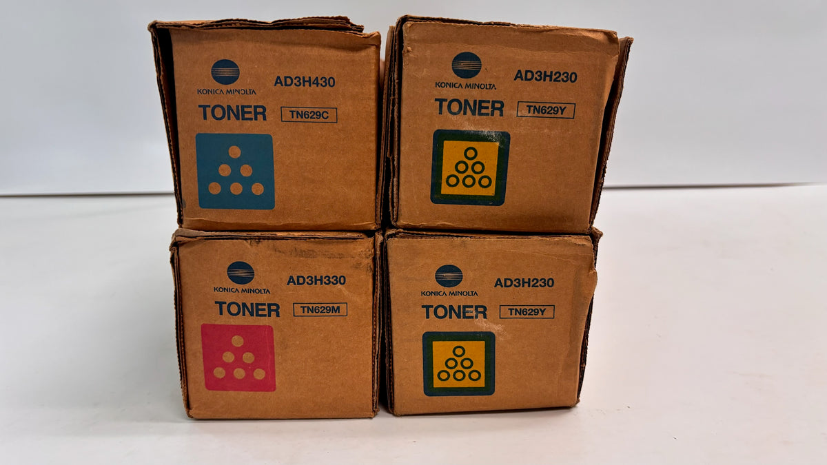 4 Genuine Konica C7090, C7100 Cyan, Magenta & Yellow Toners TN629CMYY, Bad Boxes