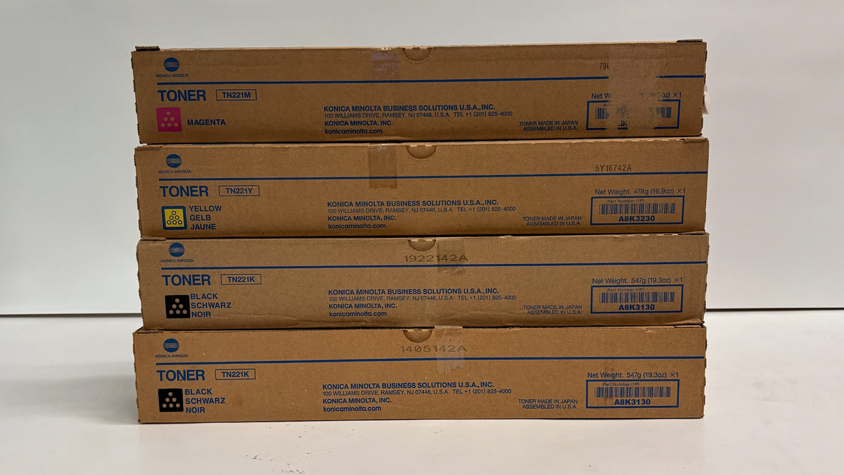 4 Genuine Konica Bizhub C227, C287  MYKK Toners TN221(Bad Box)