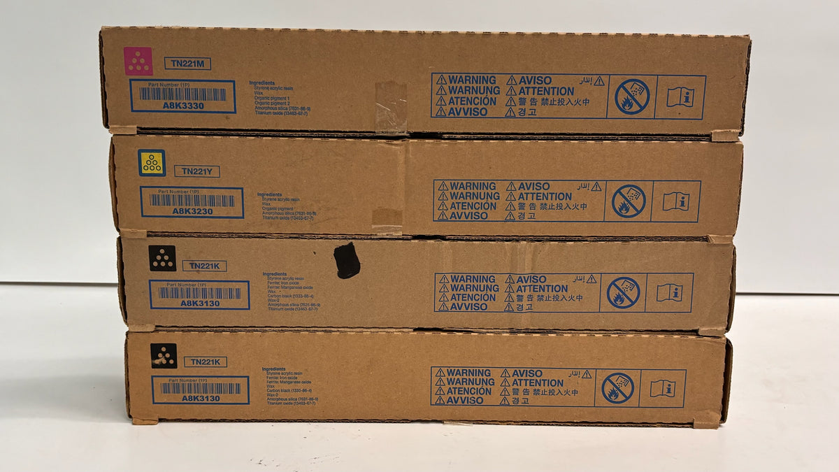 4 Genuine Konica Bizhub C227, C287  MYKK Toners TN221(Bad Box)
