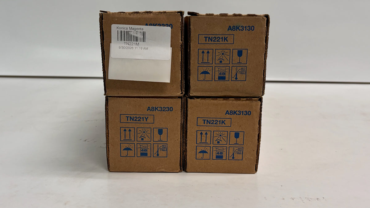 4 Genuine Konica Bizhub C227, C287  MYKK Toners TN221(Bad Box)