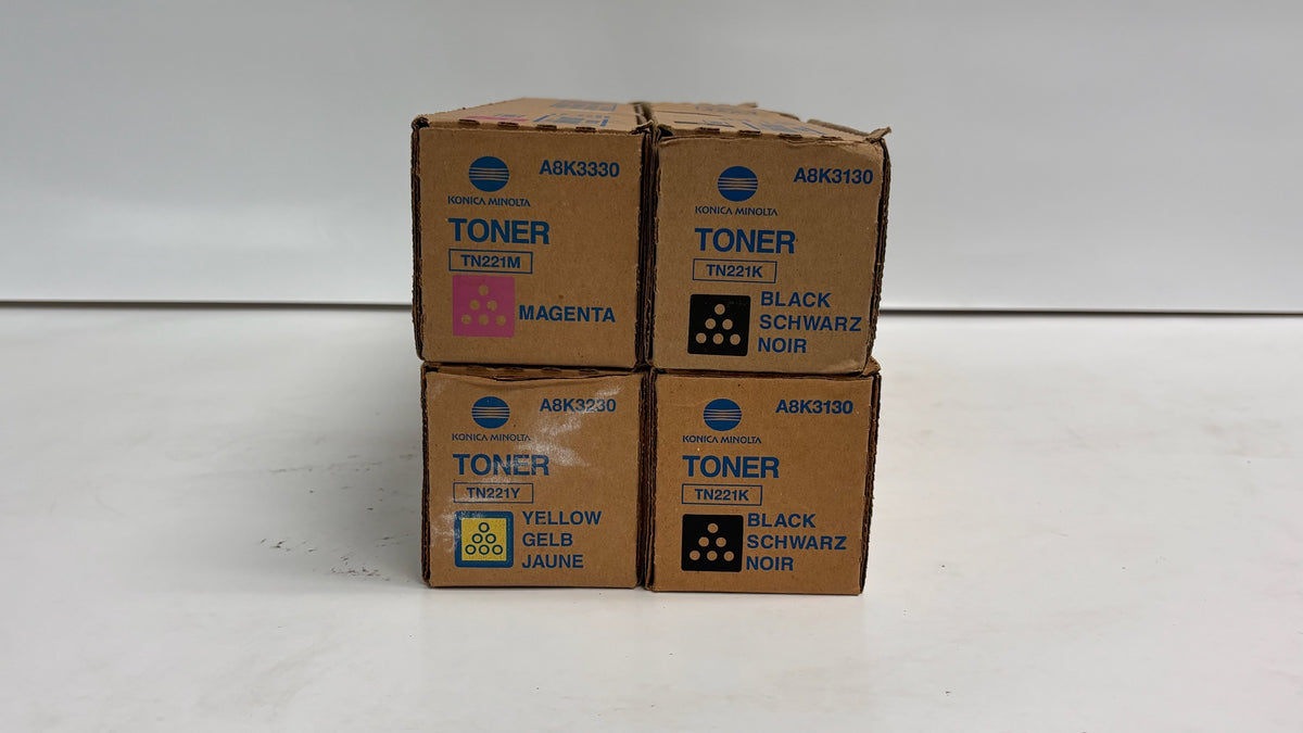 4 Genuine Konica Bizhub C227, C287  MYKK Toners TN221(Bad Box)