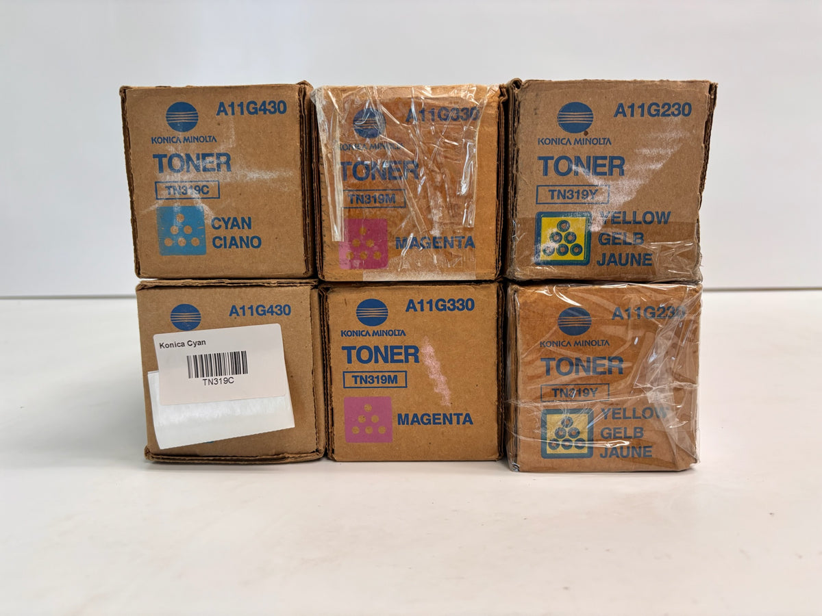 6 Genuine Konica Bizhub C220, C360 CCMMYY Toners TN319 ( Bad Box )