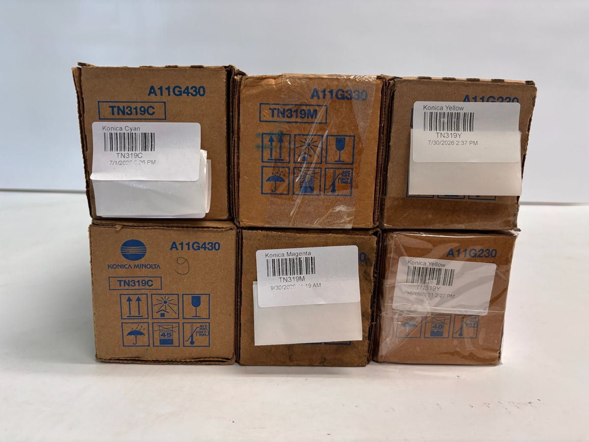 6 Genuine Konica Bizhub C220, C360 CCMMYY Toners TN319 ( Bad Box )