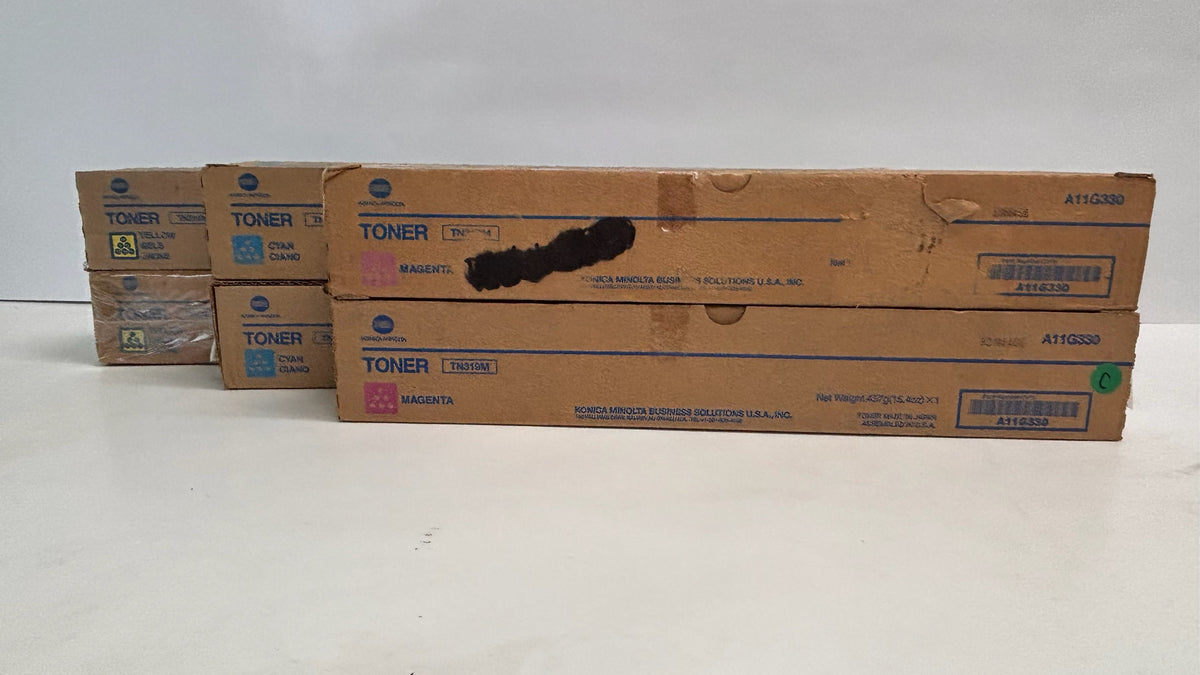 6 Genuine Konica Bizhub C220, C360 CCMMYY Toners TN319 ( Bad Box )