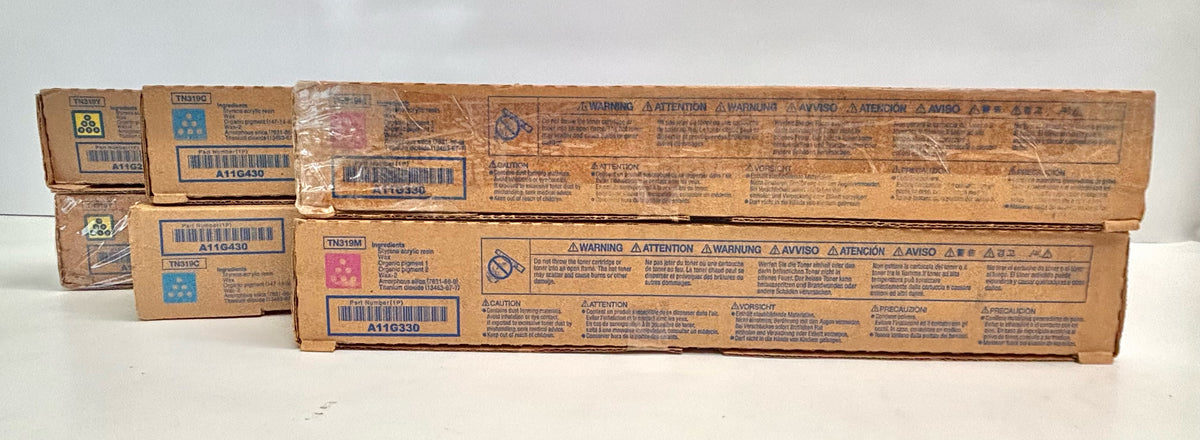 6 Genuine Konica Bizhub C220, C360 CCMMYY Toners TN319 ( Bad Box )