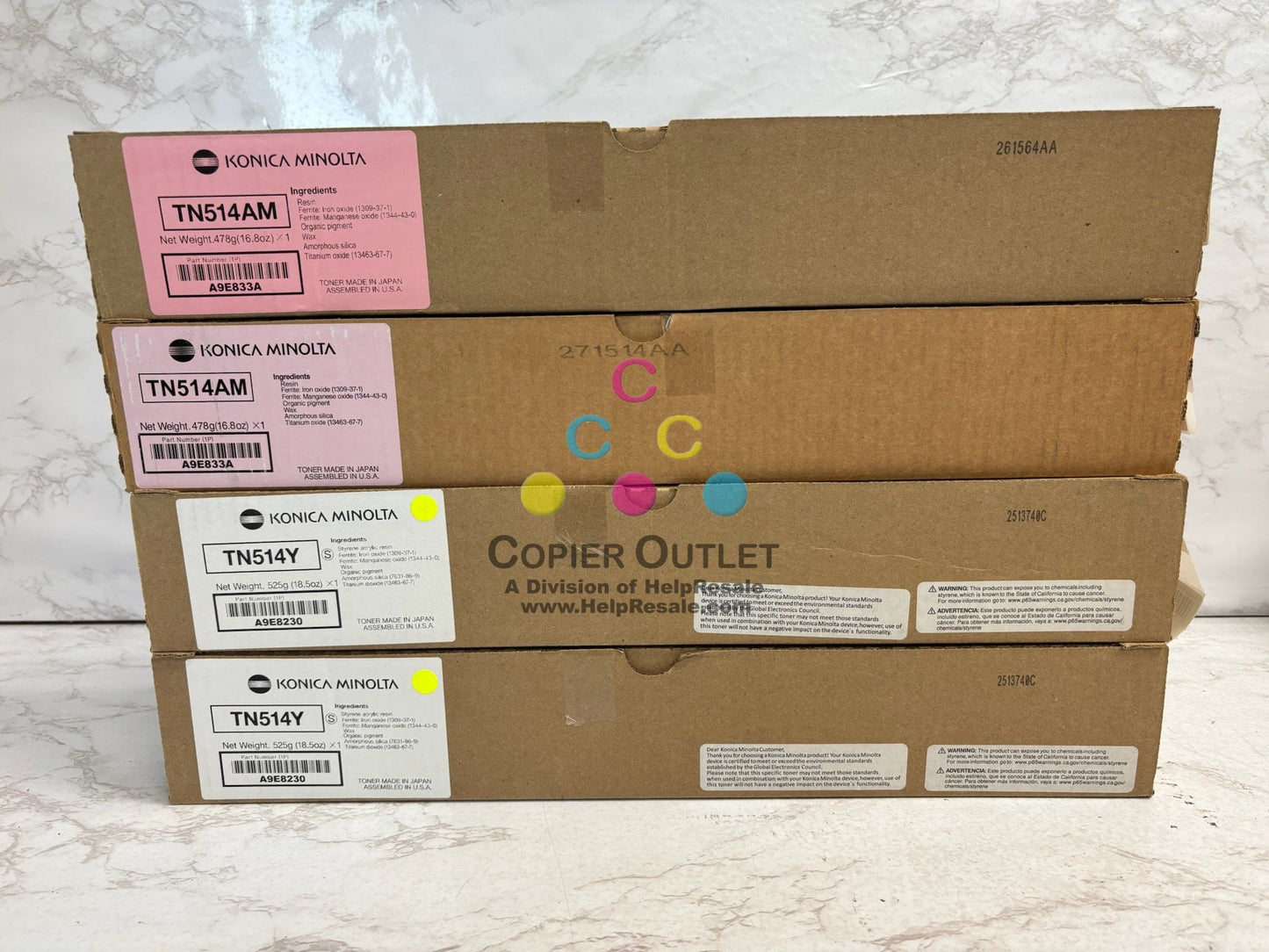 4 Genuine Konica C458,C558,C658 TN514AM(16.8oz) & TN514Y(18.5oz) Toners, Plain Boxes