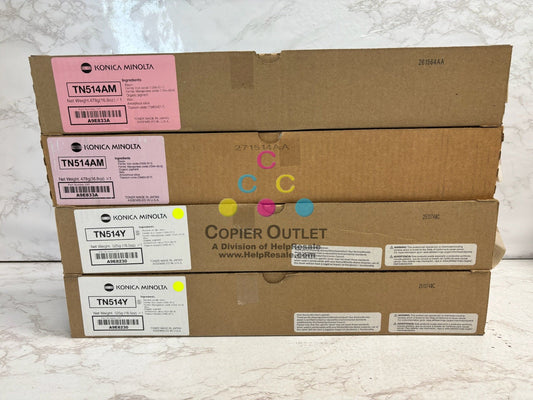 4 Genuine Konica C458,C558,C658 TN514AM(16.8oz) & TN514Y(18.5oz) Toners, Plain Boxes