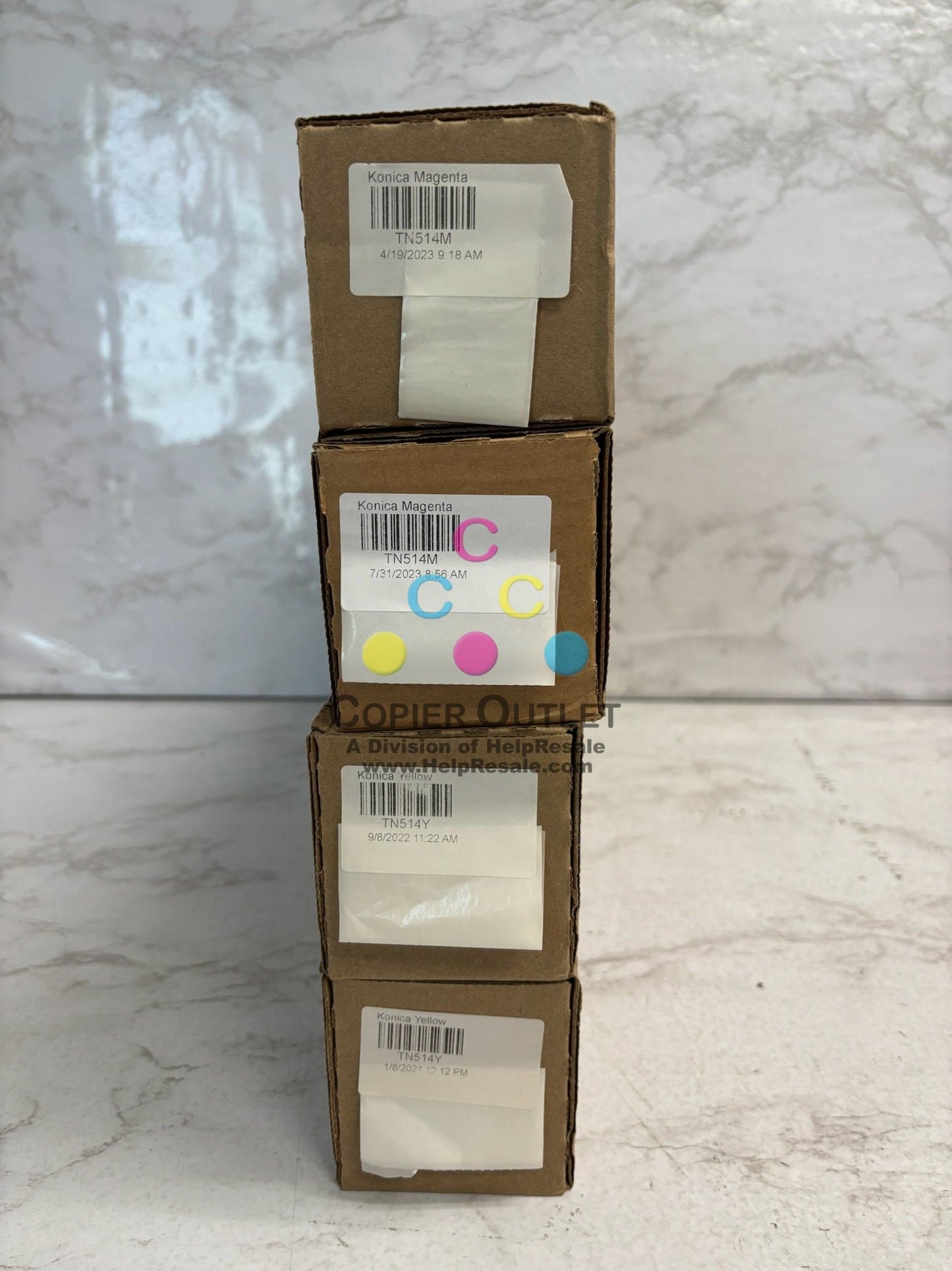 4 Genuine Konica C458,C558,C658 TN514AM(16.8oz) & TN514Y(18.5oz) Toners, Plain Boxes