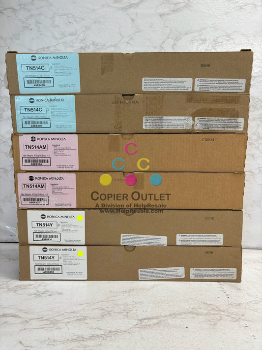 6 New Genuine Konica C458,C558,C658 TN514 CCMMYY Toners (No Black, Plain Boxes)