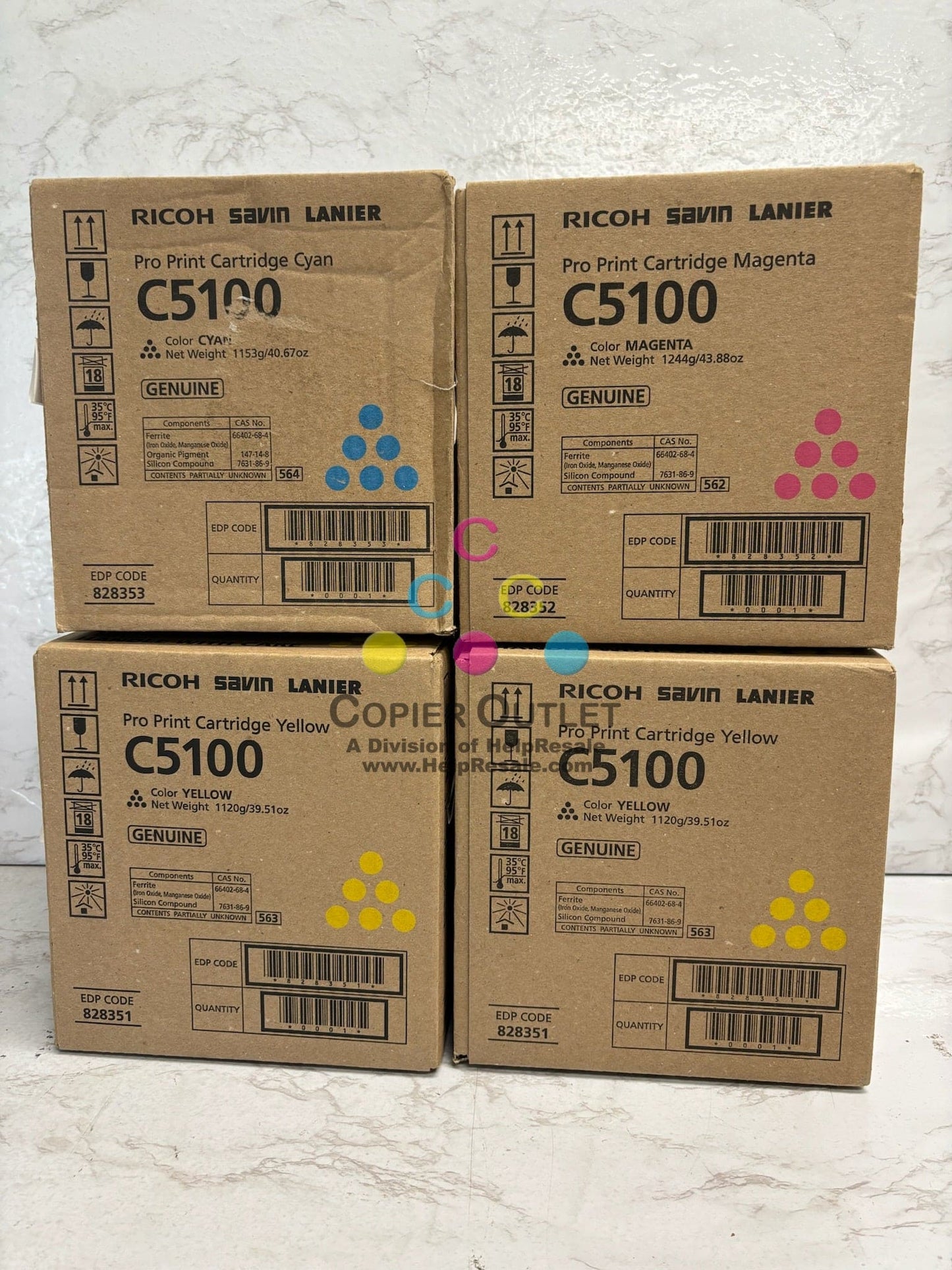 4 OEM Ricoh Pro C5100s, C5110s CMYY Toners 828351,828352,828353 (No Black)