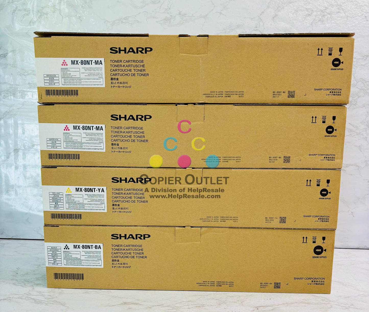 4 Genuine Sharp MX-7081, MX-8081  Magenta, Yellow, & Black Toner MX-80NT MMYK