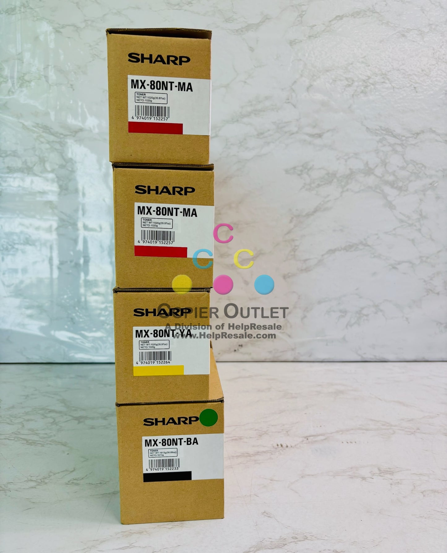 4 Genuine Sharp MX-7081, MX-8081  Magenta, Yellow, & Black Toner MX-80NT MMYK