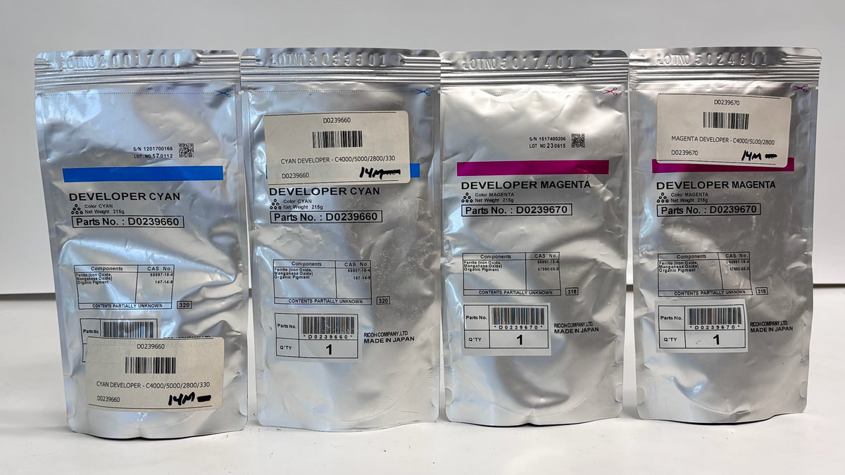 4 Genuine Ricoh MP C2800, C2800SPF Cyan & Magenta Developer D0239660, D0239670