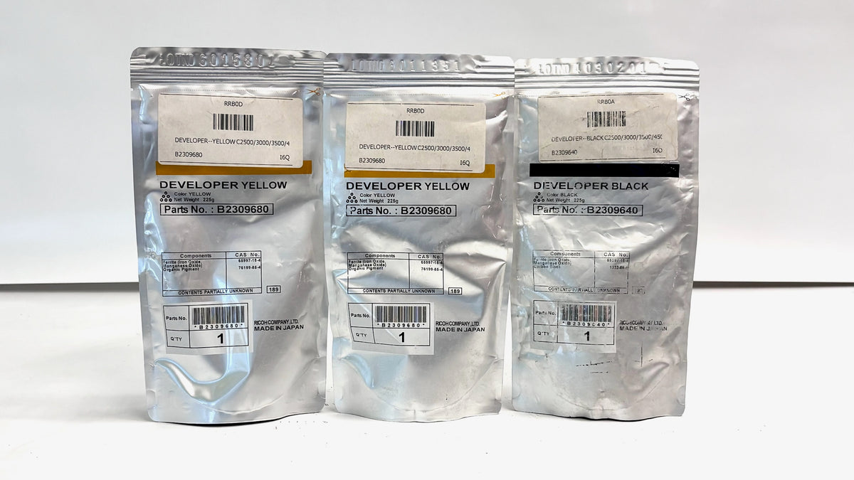 3 OEM Ricoh Aficio MPC2000,C3030SPF Yellow & Black Developers B2309640, B2309680