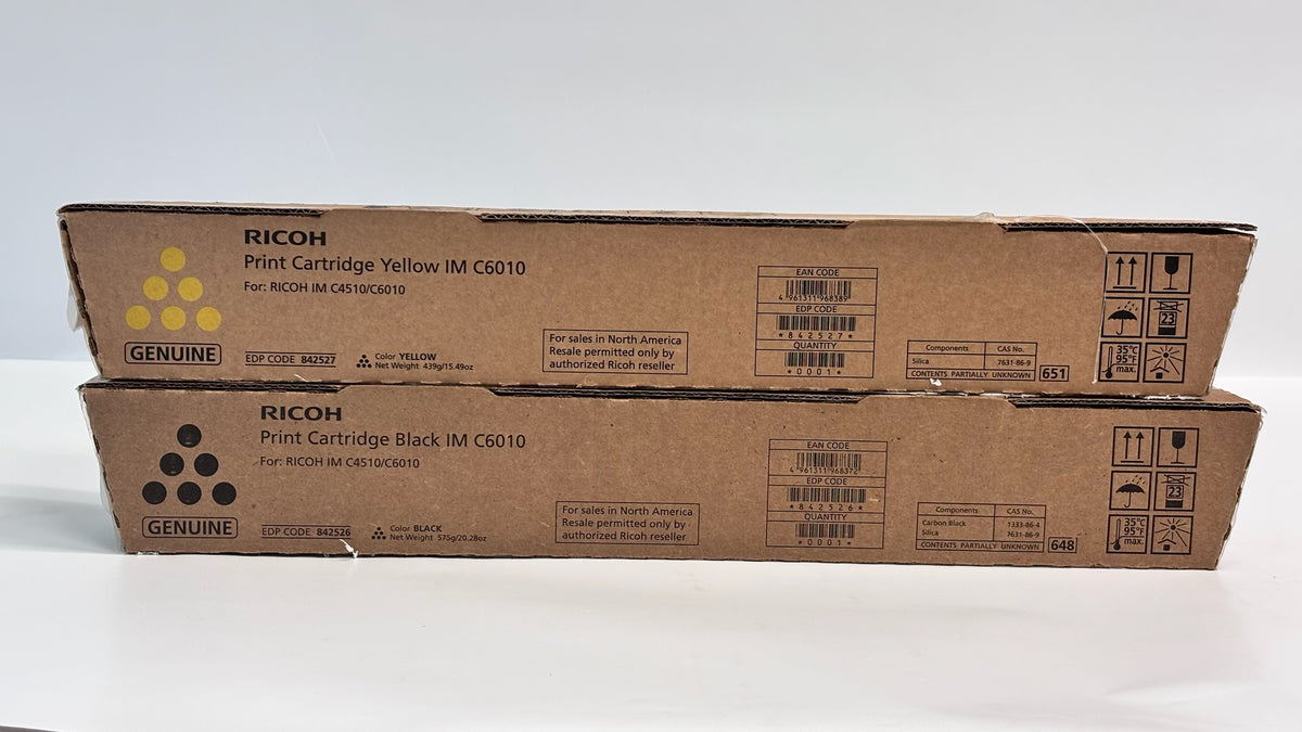 2 Open OEM Ricoh IMC4510,IMC6010 Yellow & Black High Yield Toners 842526, 842527