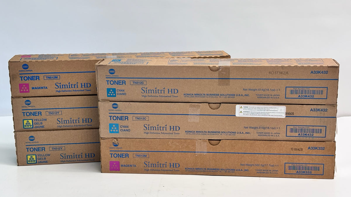 6 Genuine Konica Bizhub C454, C554e Cyan, Magenta & Yellow Toners TN512 CCMMYY