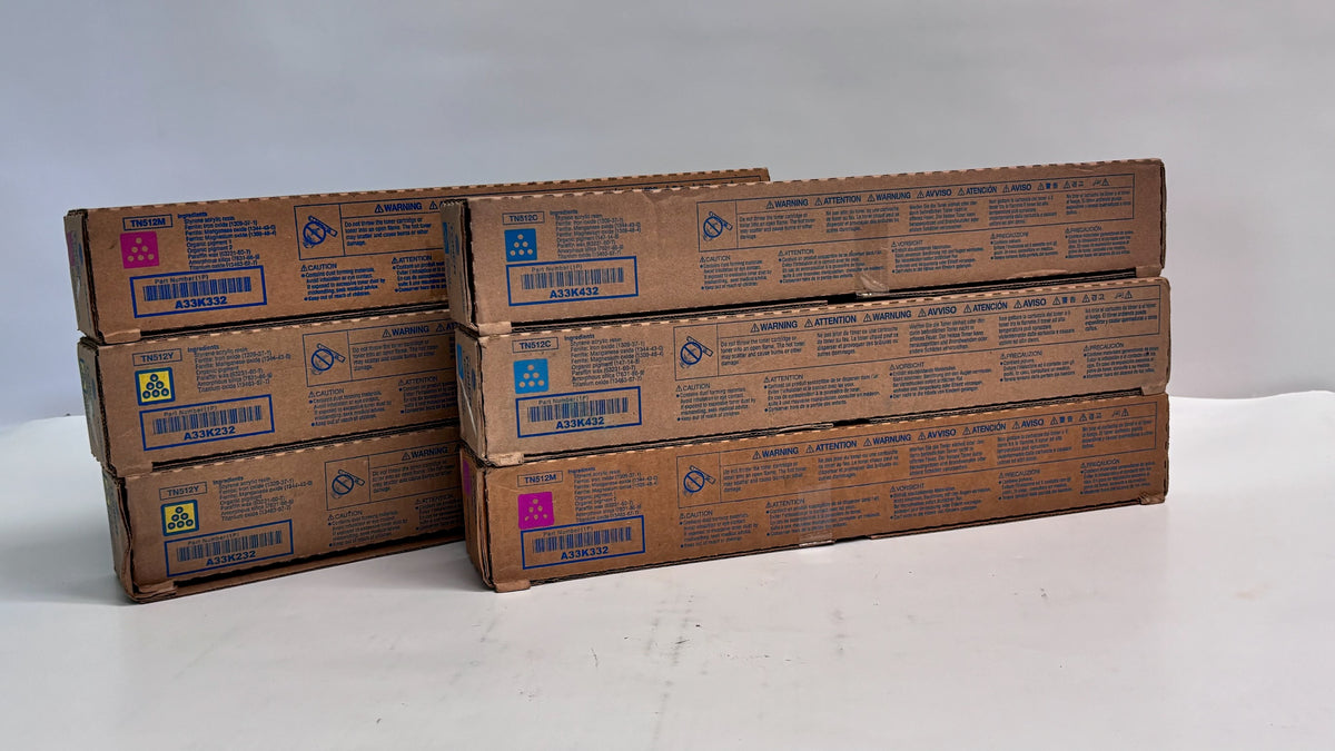 6 Genuine Konica Bizhub C454, C554e Cyan, Magenta & Yellow Toners TN512 CCMMYY