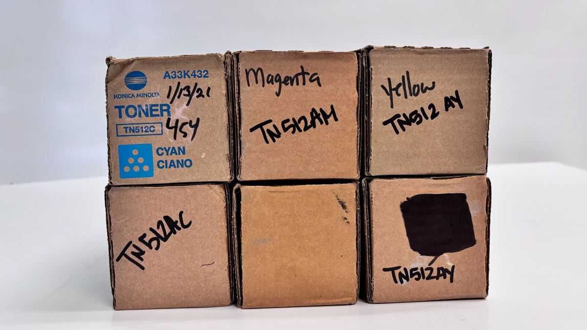 6 Genuine Konica C454e,C554 Cyan, Mag & Yellow Toners TN512 CCMYYY (Plain Box)