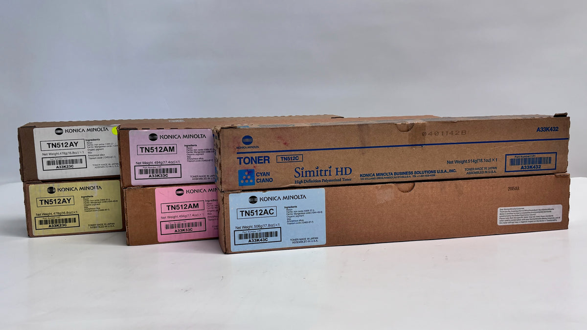 6 Genuine Konica C454e,C554 Cyan, Mag & Yellow Toners TN512 CCMYYY (Plain Box)