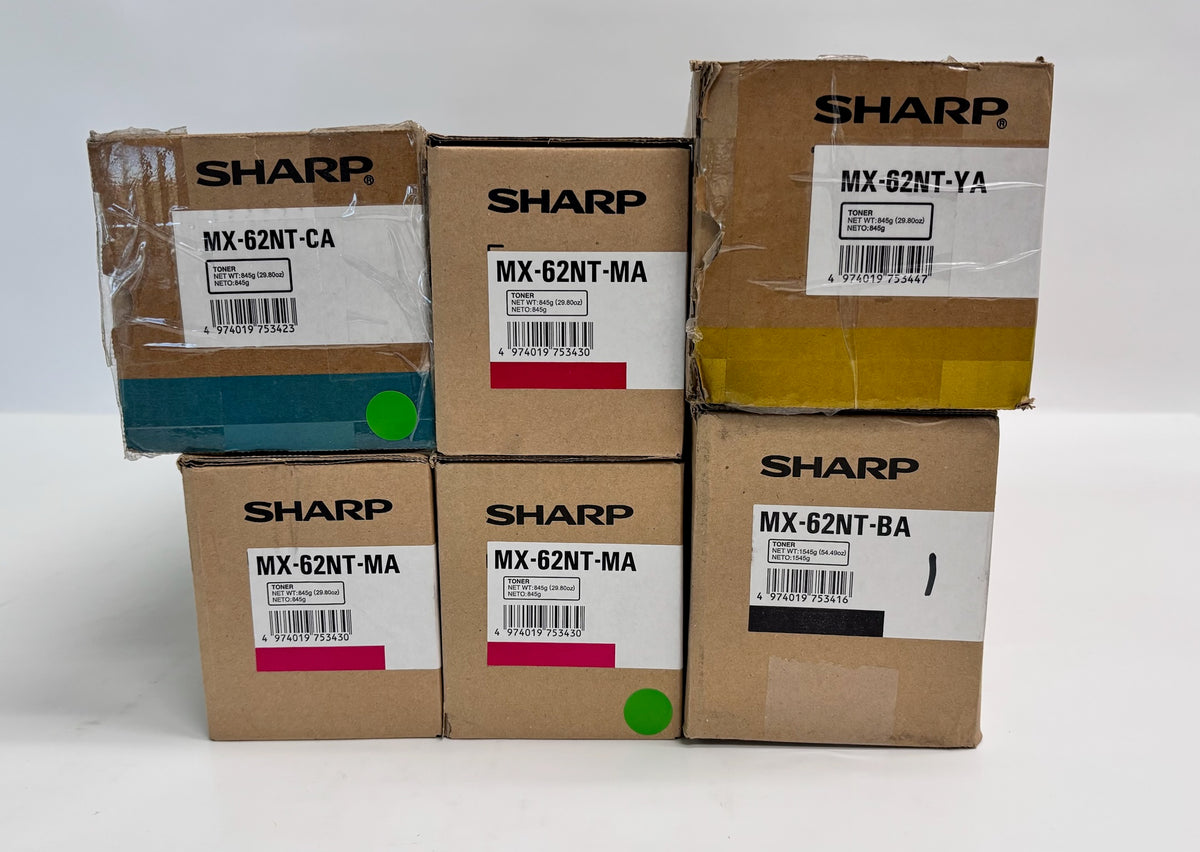 6 Genuine Sharp MX-6204N, 6500N Cyan, Magenta, Yellow & Black Toners MX-62CMMMYK
