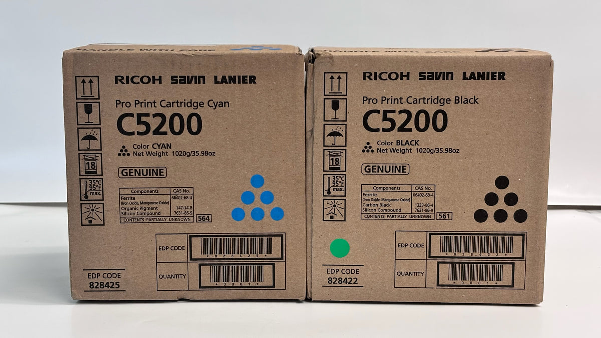 2 Genuine Ricoh Pro C5200S, Pro C5210s Cyan & Black Toners 828422, 828425