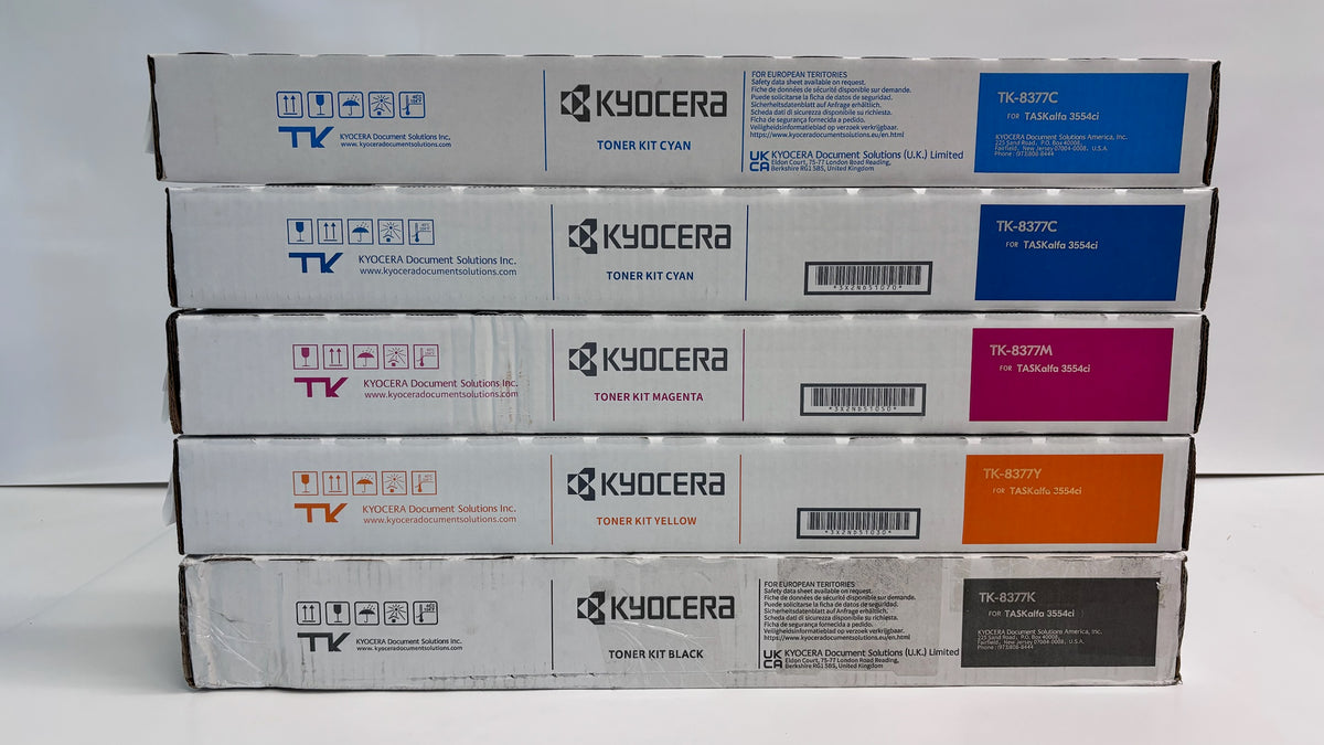 5 Genuine Kyocera TASKalfa 3554ci Cyan, Magenta, Yellow & Black Toners TK-8377 CCMYK (bad box)