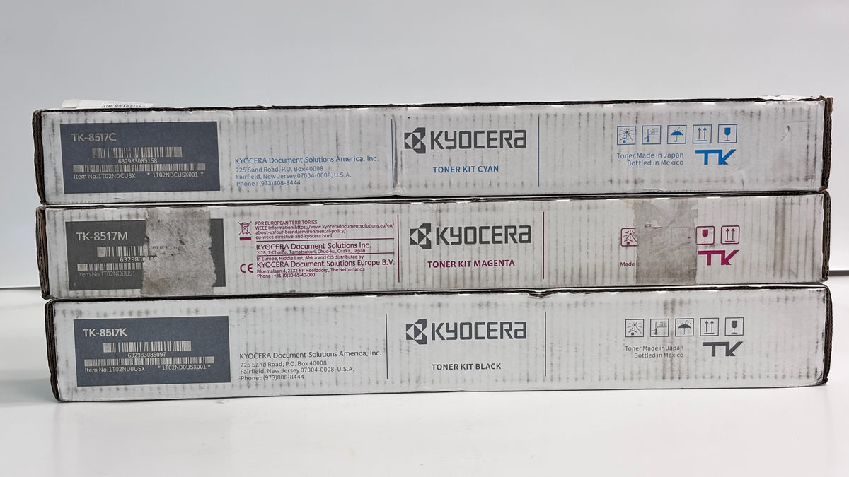 3 Genuine Kyocera 5052ci,5053ci Cyan, Magenta & Black Toner TK-8517CMK (Bad Box)