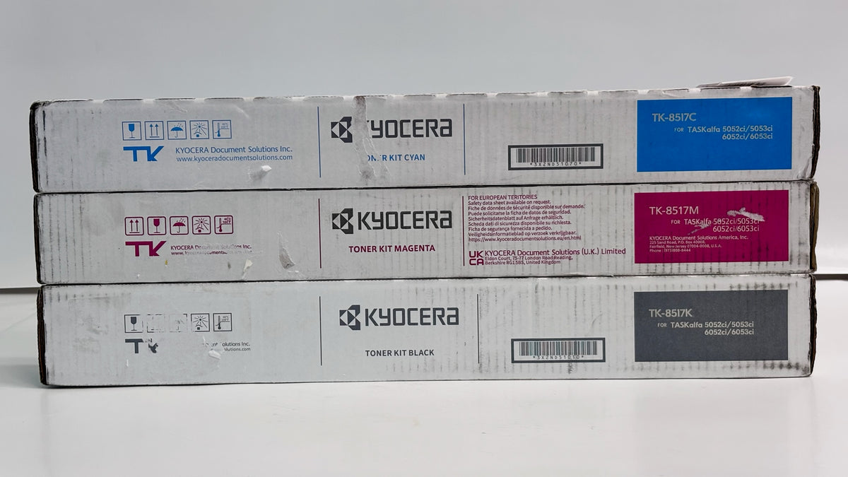 3 Genuine Kyocera 5052ci,5053ci Cyan, Magenta & Black Toner TK-8517CMK (Bad Box)