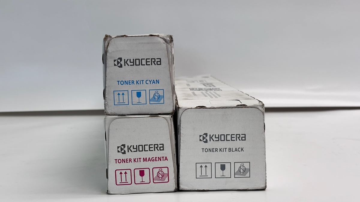 3 Genuine Kyocera 5052ci,5053ci Cyan, Magenta & Black Toner TK-8517CMK (Bad Box)